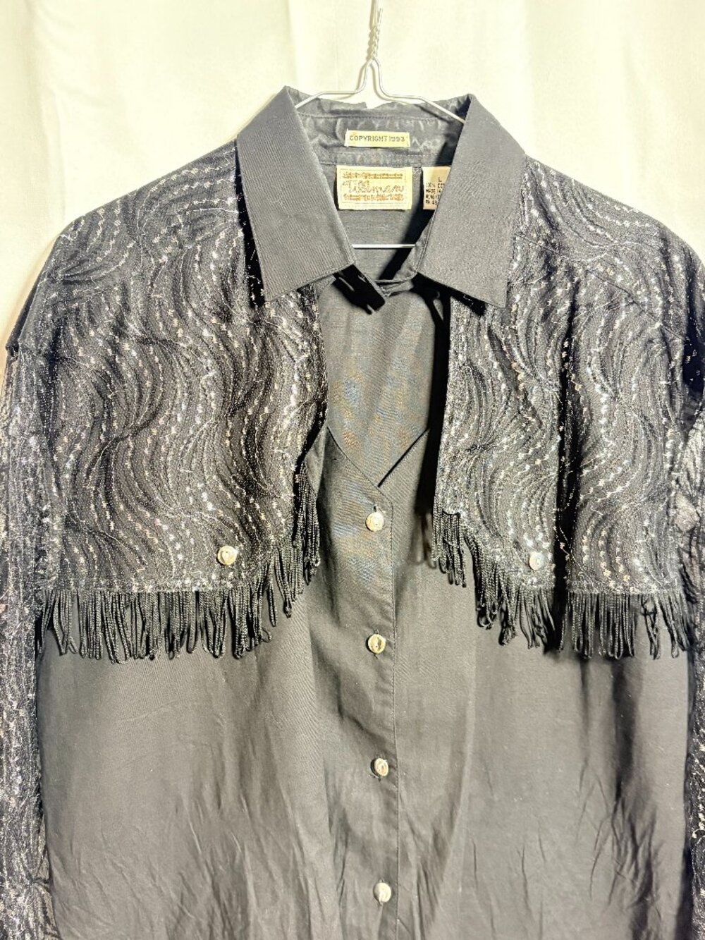 Vintage 1993 Tillman Black Lace Fringe Western Snap Shirt Large